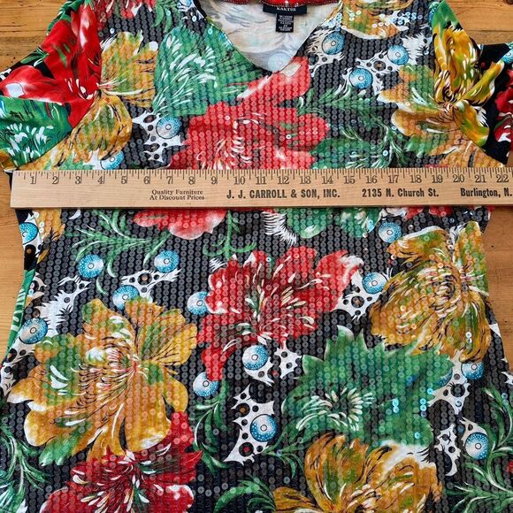 Kaktus Womens Floral Sequined V-neck Top 2X Bold Pattern Colorful 3/4 Sleeve - Picture 6 of 7
